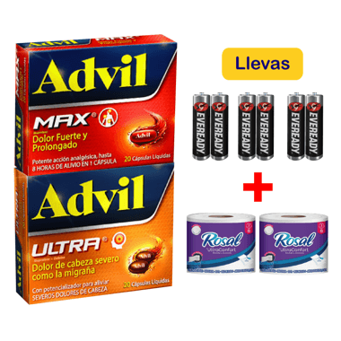 Advil Max x 20 Cápsulas + Advil Ultra x 20 Cápsulas Gratis 6 Pilas Eveready + Papel Higiénico El Rosal Morado x 2 Rollos