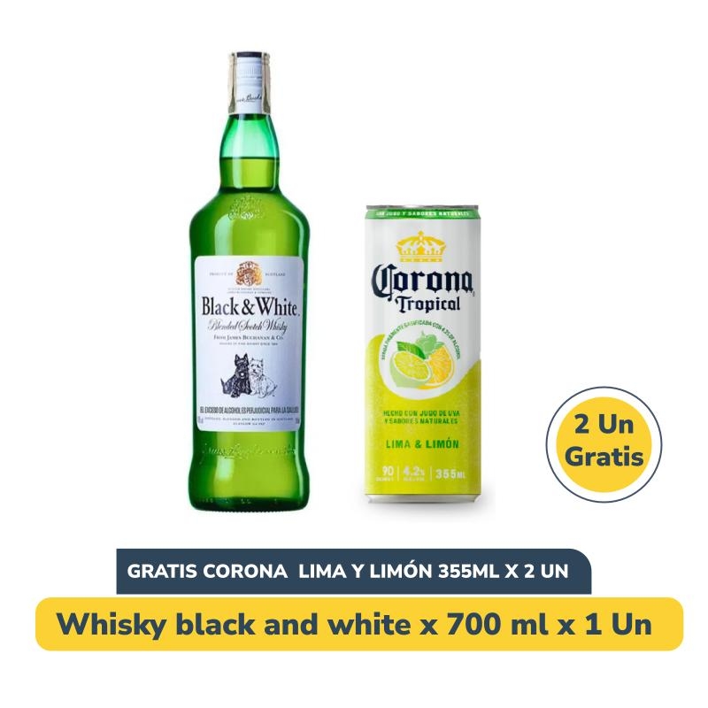 Combo Whisky Black & White 700 ml + Gratis 2 Corona Tropical Lima Limón
