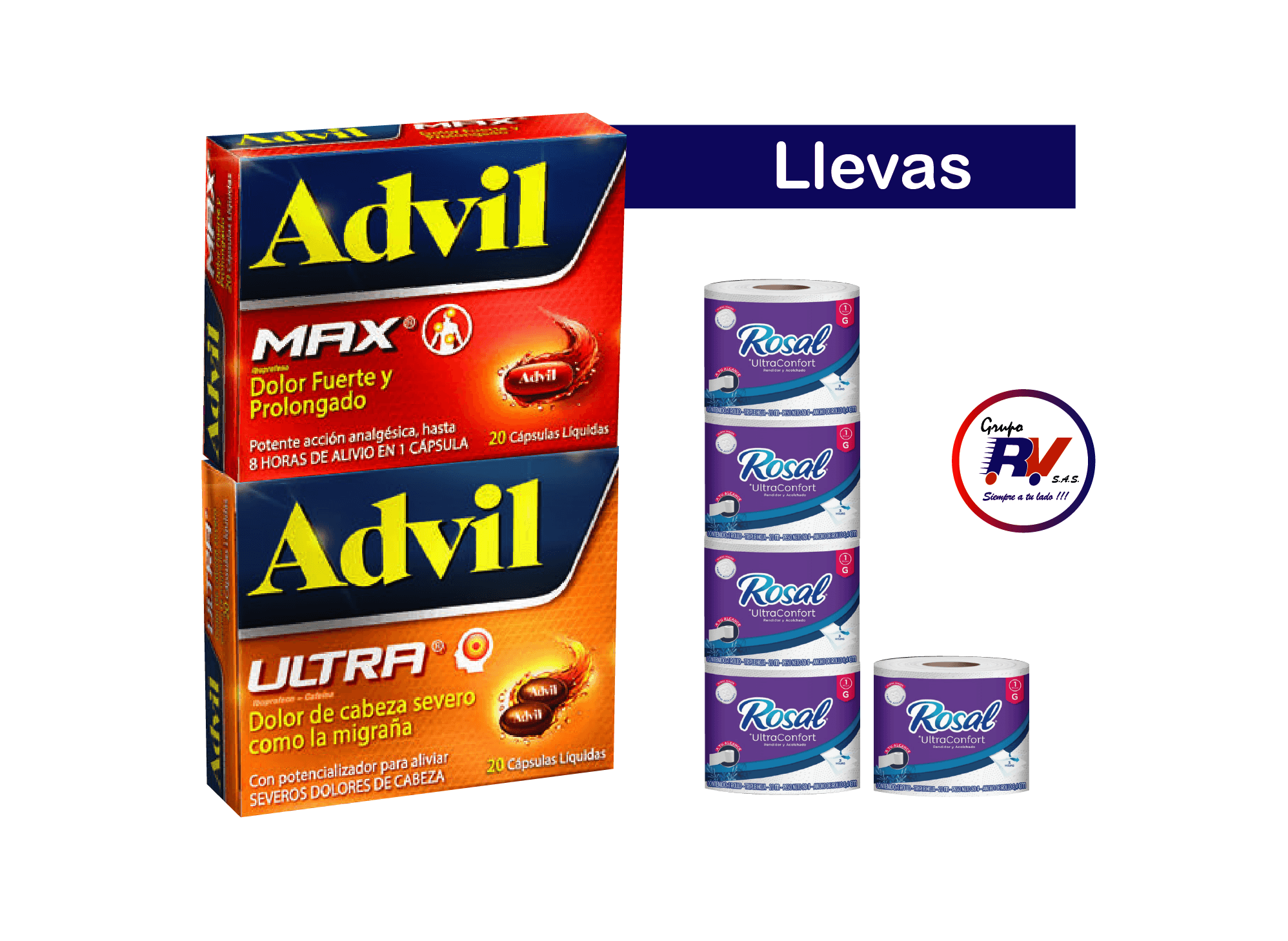 Advil Max Caja x 20 Cápsulas + Advil Ultra Caja x 20 Cápsulas Gratis Papel Higienico Rosal Morado x 5 Un