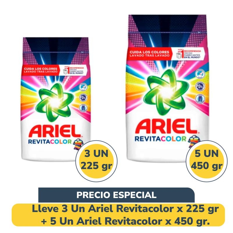 Lleve 3 Un Ariel Revitacolor x 225 gr + 5 Un Ariel Revitacolor x 450 gr. Precio Especial