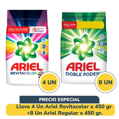 Lleve 4 Un Ariel Revitacolor x 450 gr +8 Un Ariel Regular x 450 gr. Precio Especial