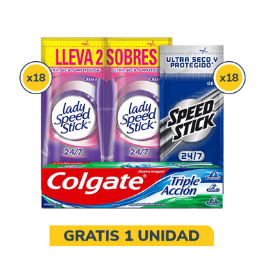 Combo Desodorante Lady Speed Crema + Speed Stick Gel Cool Night. Gratis Crema Colgate Triple Acción x 60 ml