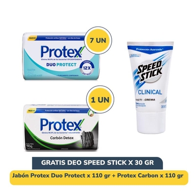 Combo Protex Duo Protect X 7Un X 110Gr + Protex Carbon Activo X 1Un X1 10G + Gratis 1 Un Desodorante Speed Stick Practitubo Clinical X30Gr